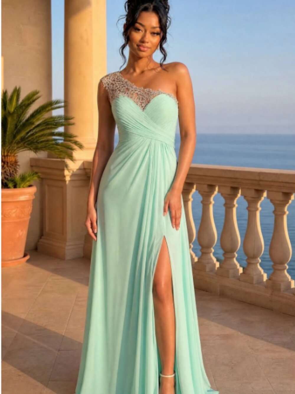 Long La Femme Prom Dress with Beaded Shoulder |Size 6| Light Mint